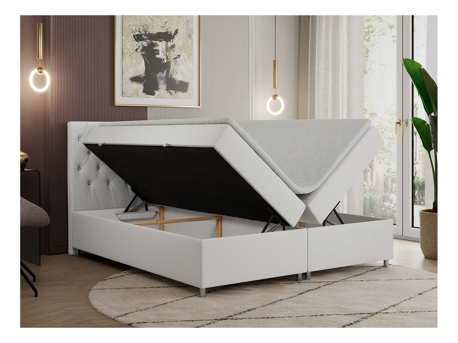 Boxspringbett ROMA mit gestepptem Kopfteil, Multipocket-Matratze, dekorative Füße - 160x200 cm - H4 - Weiß Kunstleder