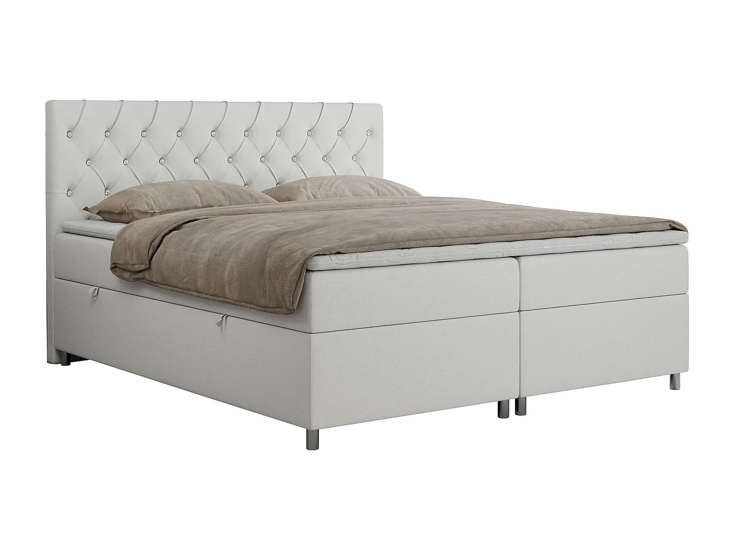 Boxspringbett ROMA mit gestepptem Kopfteil, Multipocket-Matratze, dekorative Füße - 160x200 cm - H4 - Weiß Kunstleder