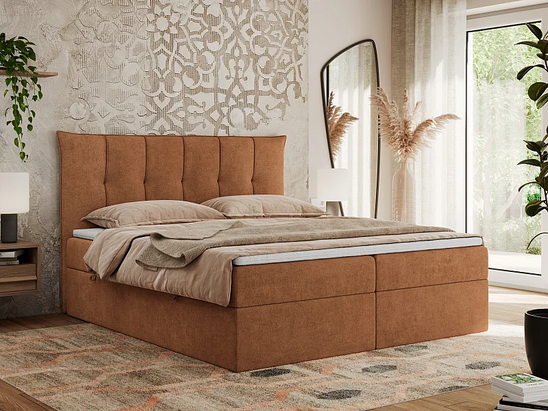 Boxspringbett PREMIUM 10 mit Multipocket-Matratze, gesteppte Kopfstütze, zwei Bettkästen - 200x200 cm - H3 - Orange Strukture