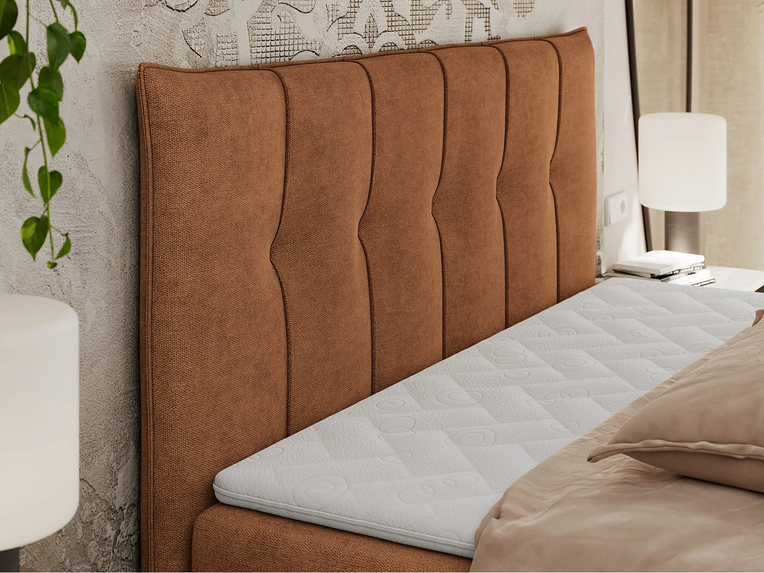 Boxspringbett PREMIUM 10 mit Multipocket-Matratze, gesteppte Kopfstütze, zwei Bettkästen - 200x200 cm - H3 - Orange Strukture