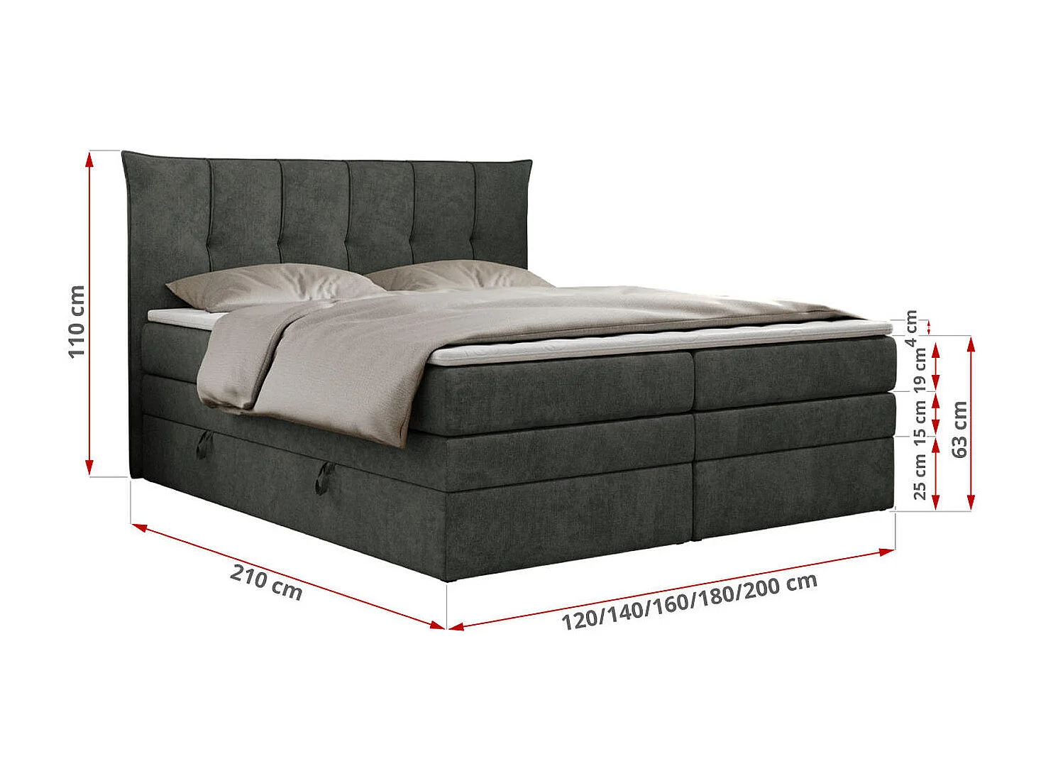 Boxspringbett PREMIUM 10 KING, Doppelbett mit Stauraum, gesteppte Kopfstütze, Multipocket-Matratze - 200x200 cm - H4 - Dunkelgrau Strukture