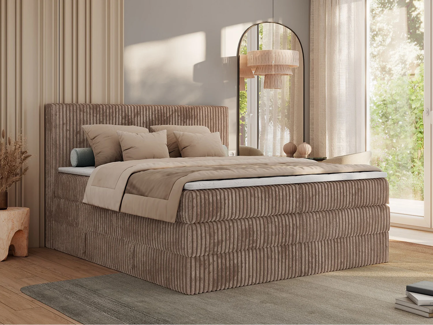 Boxspringbett TILIANO KING, Multipocket-Matratze, Cord Bett, Kopfteil und zwei Bettkästen - 180x200 cm - H3 - Braun Cord