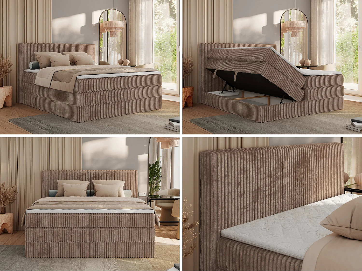 Boxspringbett TILIANO KING, Multipocket-Matratze, Cord Bett, Kopfteil und zwei Bettkästen - 180x200 cm - H3 - Braun Cord