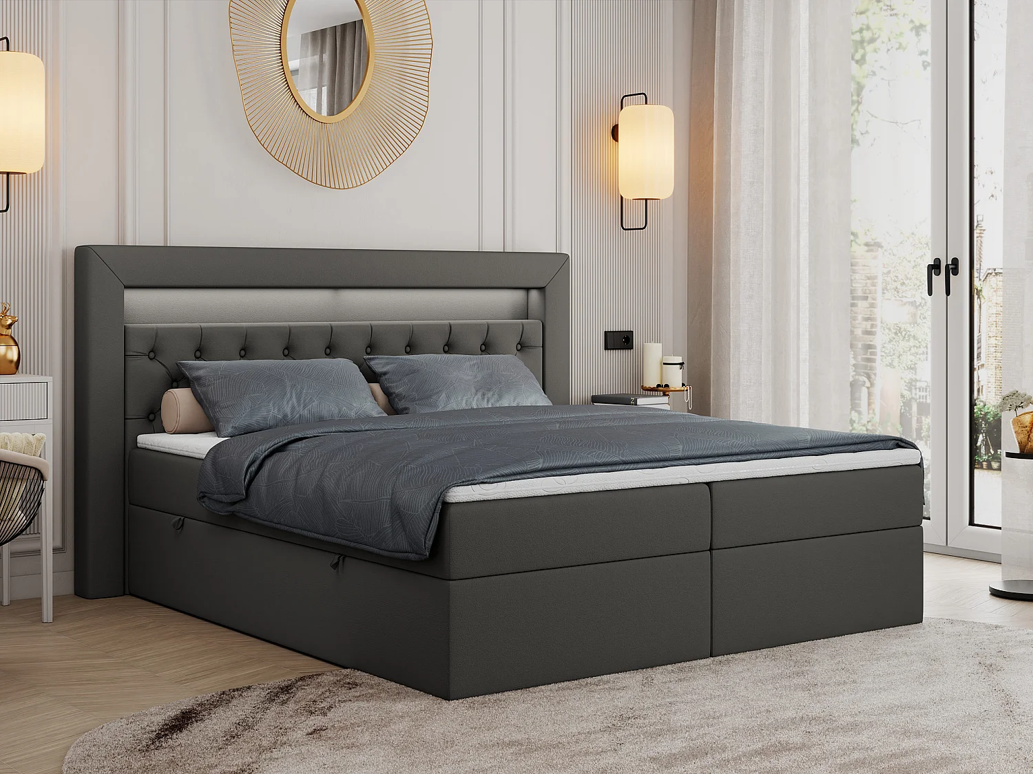 Boxspringbett GOLD 6, Doppelbett mit Stauraum, LED-Beleuchtung, gesteppte Kopfstütze - 140x200 cm - H3 - Dunkelgrau Kunstleder