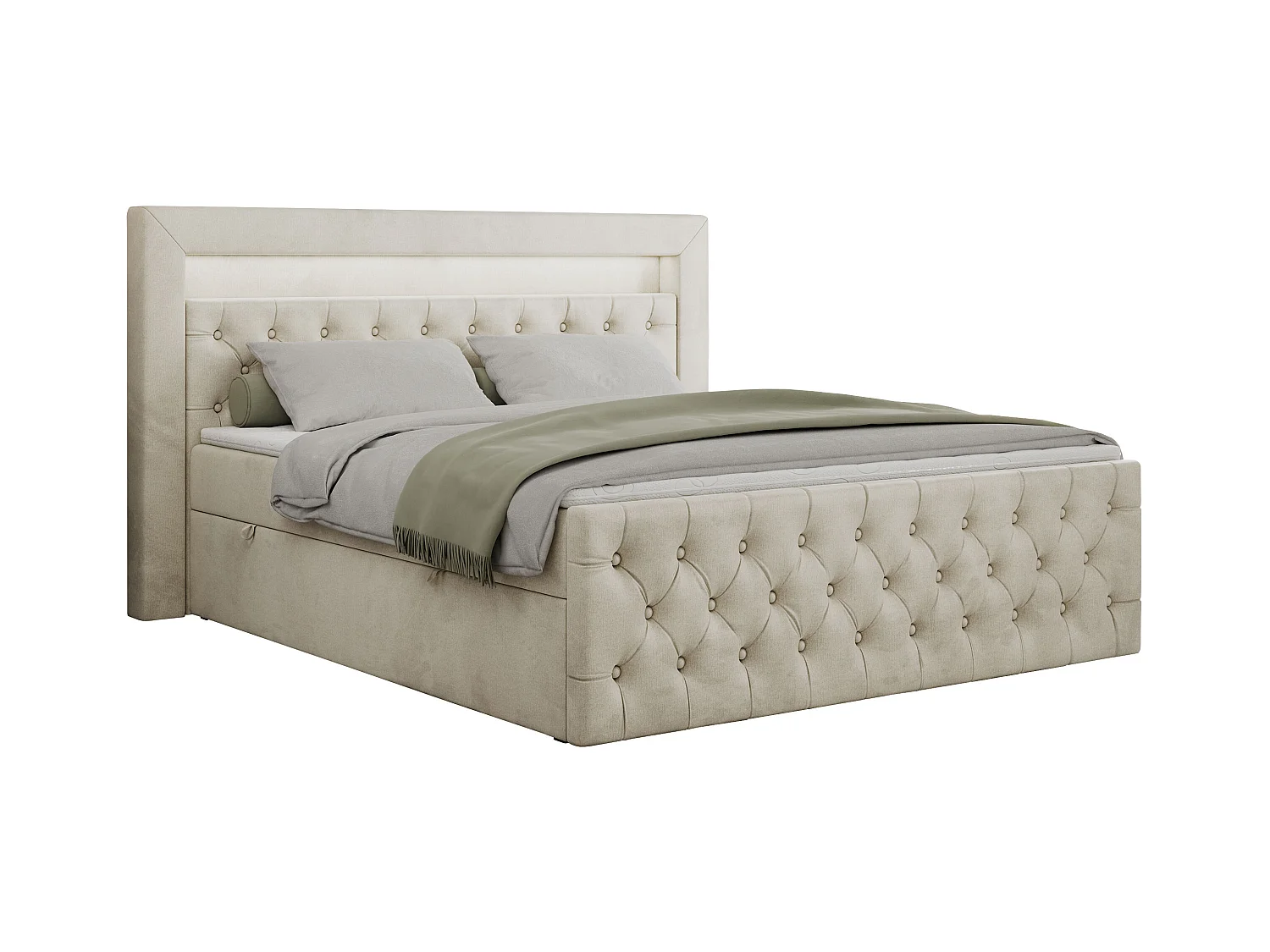 Boxspringbett GOLD 9 mit Stauraum, Multipocket-Matratze, gestepptes Bett, LED Beleuchtung - 160x200 cm - H3 - Beige Velvet