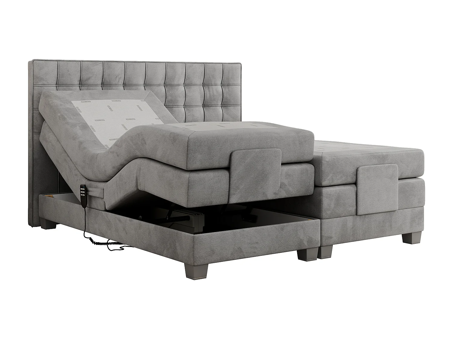 Boxspringbett ELEKTRO mit Multipocket-Matratze, Elektrisch verstellbare, genähtes Kopfteil - 180x200 cm - H4 - Hellgrau Velvet