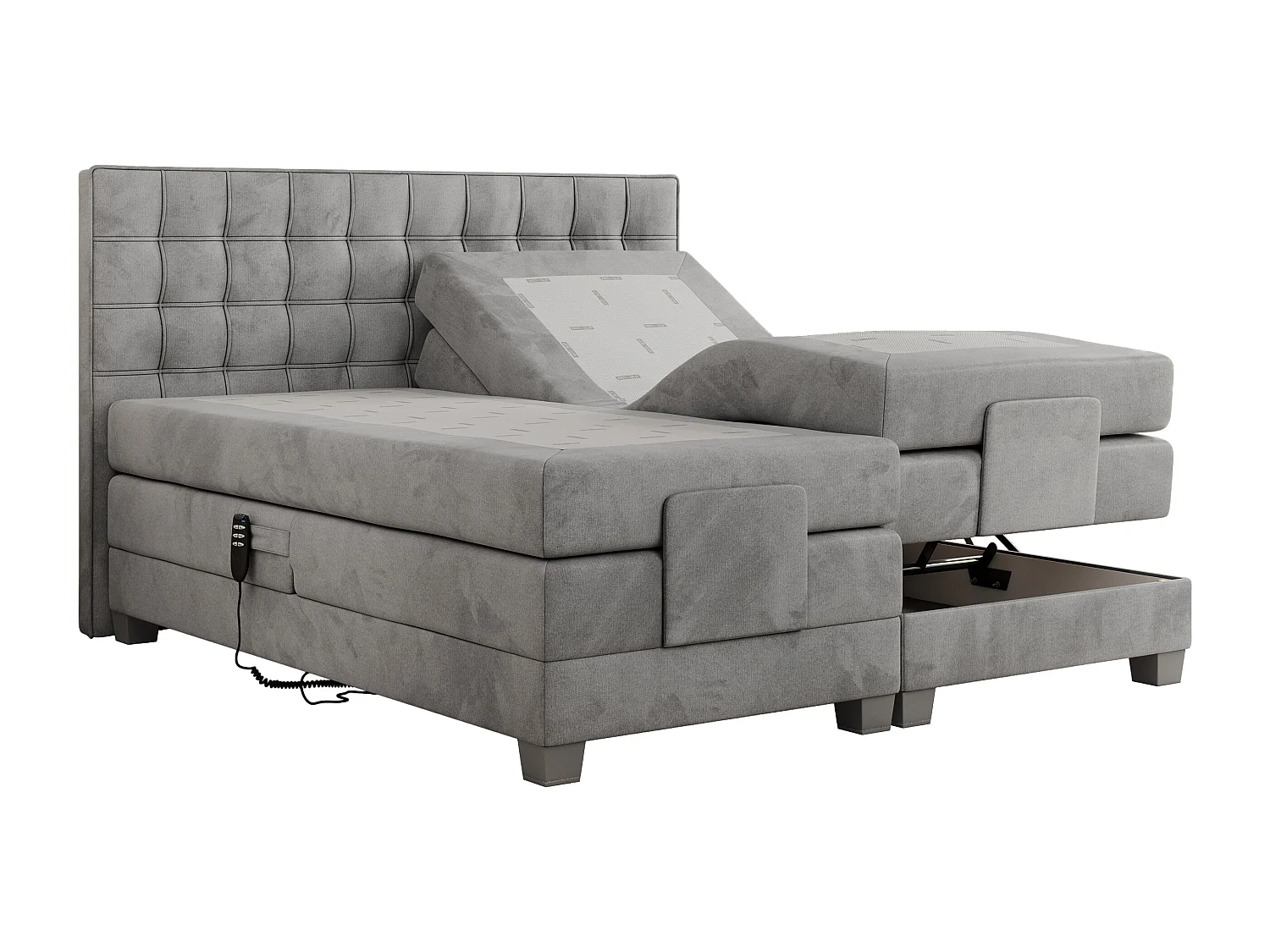 Boxspringbett ELEKTRO mit Multipocket-Matratze, Elektrisch verstellbare, genähtes Kopfteil - 180x200 cm - H4 - Hellgrau Velvet
