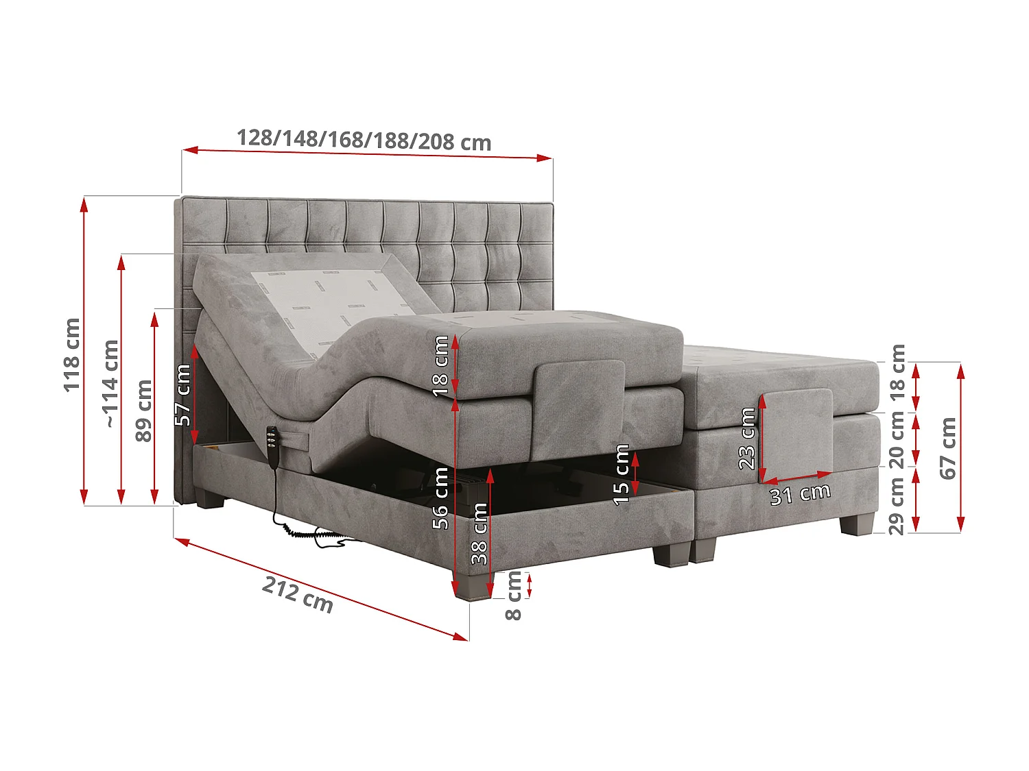 Boxspringbett ELEKTRO mit Multipocket-Matratze, Elektrisch verstellbare, genähtes Kopfteil - 180x200 cm - H4 - Hellgrau Velvet