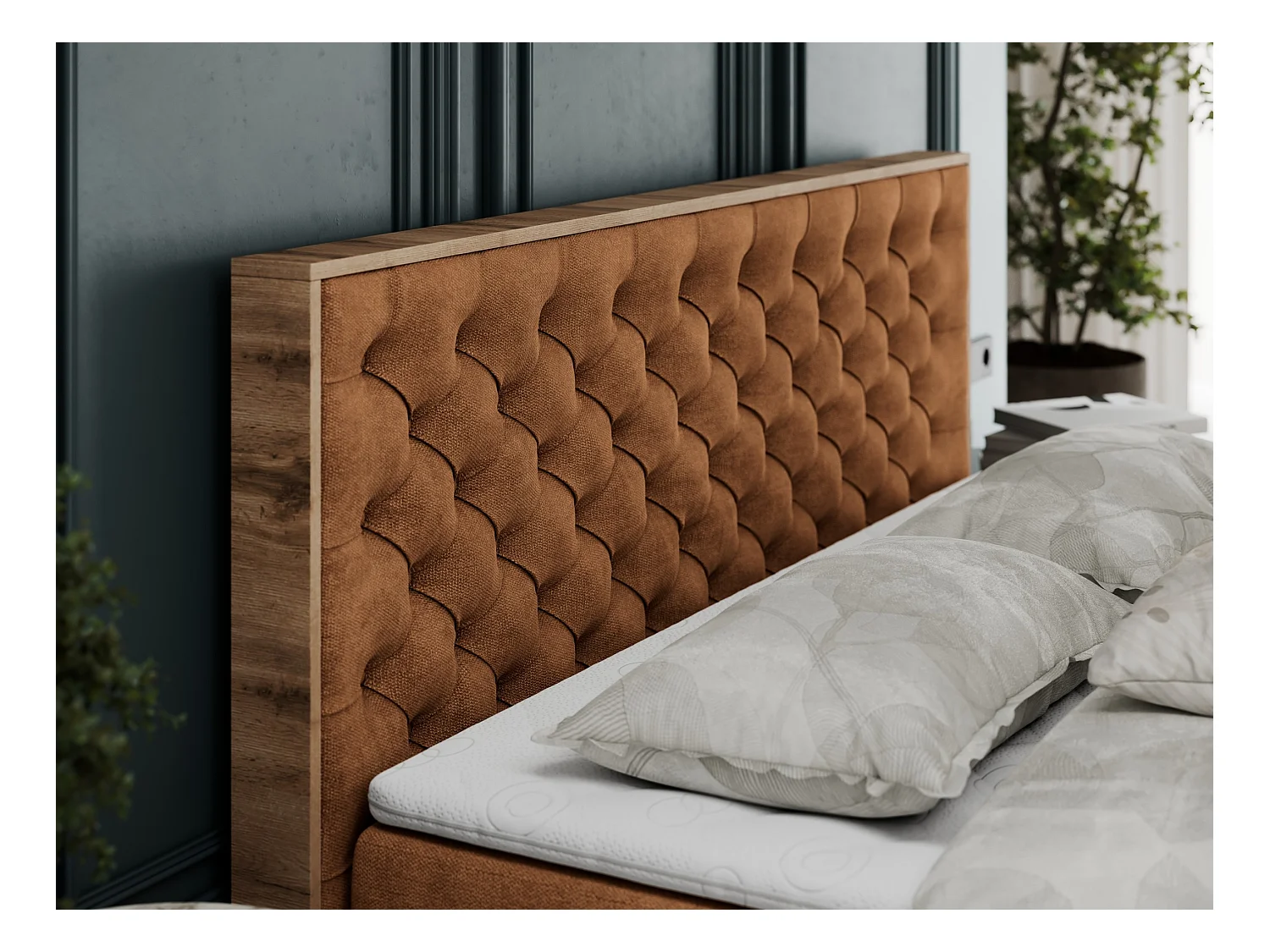 Boxspringbett ALBERO 3 - gesteppte Kopfstütze, Eiche Wotan Holzrahmen, Stauraum - 160x200 cm - H4 - Orange Strukture