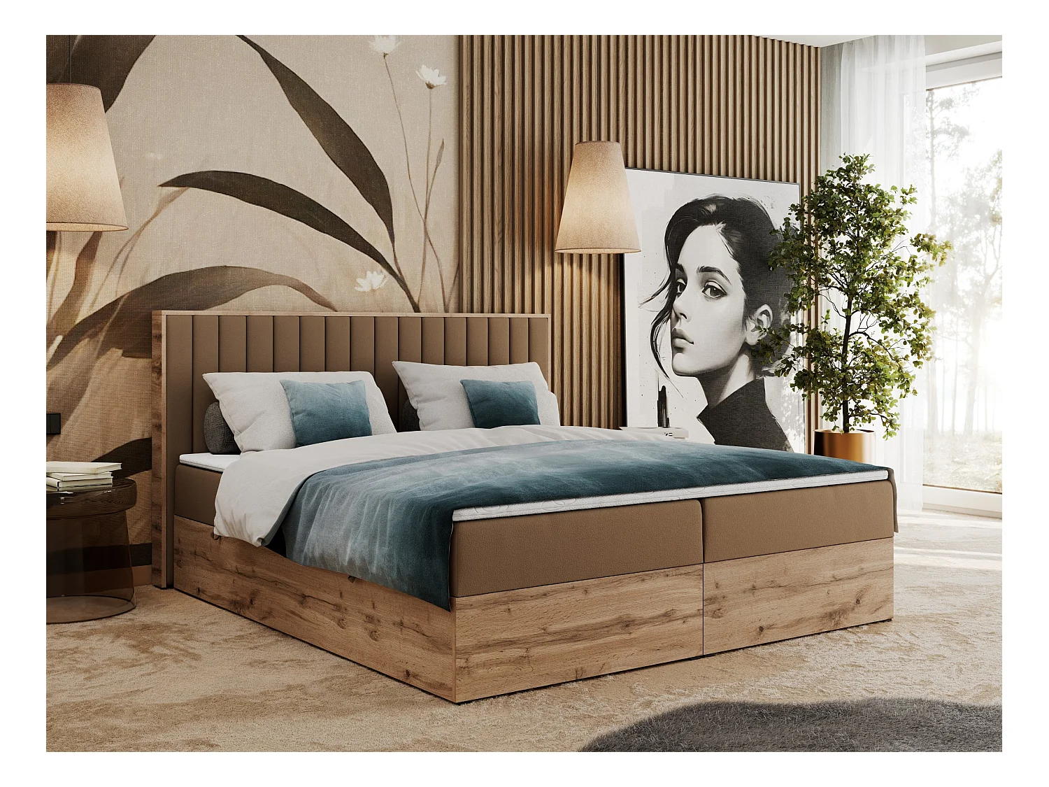 Boxspringbett ALBERO 4, Eiche Wotan Holzrahmen, mit Stauraum, genähtes Kopfteil - 140x200 cm - H3 - Braun Kunstleder