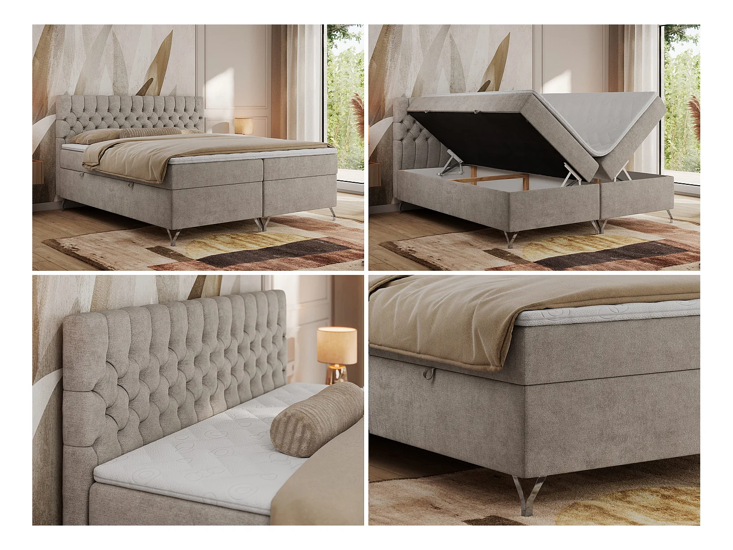 Boxspringbett GRIMALDI mit zwei Bettkästen, gesteppter Kopfstütze, Metallfüßen - 180x200 cm - H3 - Beige Strukture