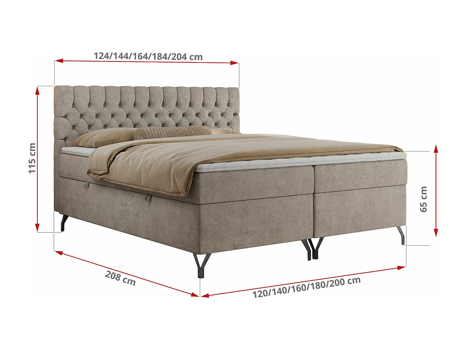 Boxspringbett GRIMALDI mit zwei Bettkästen, gesteppter Kopfstütze, Metallfüßen - 180x200 cm - H3 - Beige Strukture