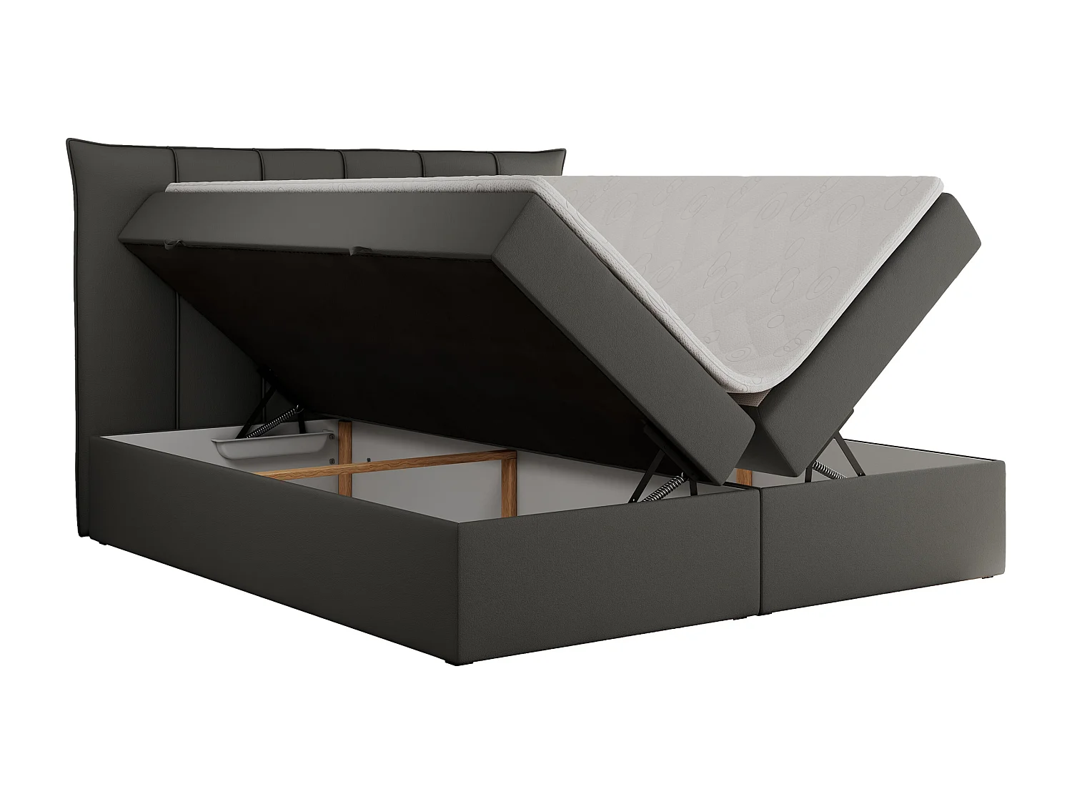 Boxspringbett PREMIUM 10 mit Multipocket-Matratze, gesteppte Kopfstütze, zwei Bettkästen - 120x200 cm - H3 - Dunkelgrau Kunstleder