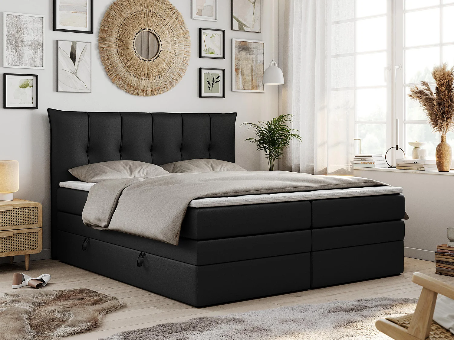 Boxspringbett PREMIUM 10 KING, Doppelbett mit Stauraum, gesteppte Kopfstütze, Multipocket-Matratze - 160x200 cm - H4 - Schwarz Kunstleder