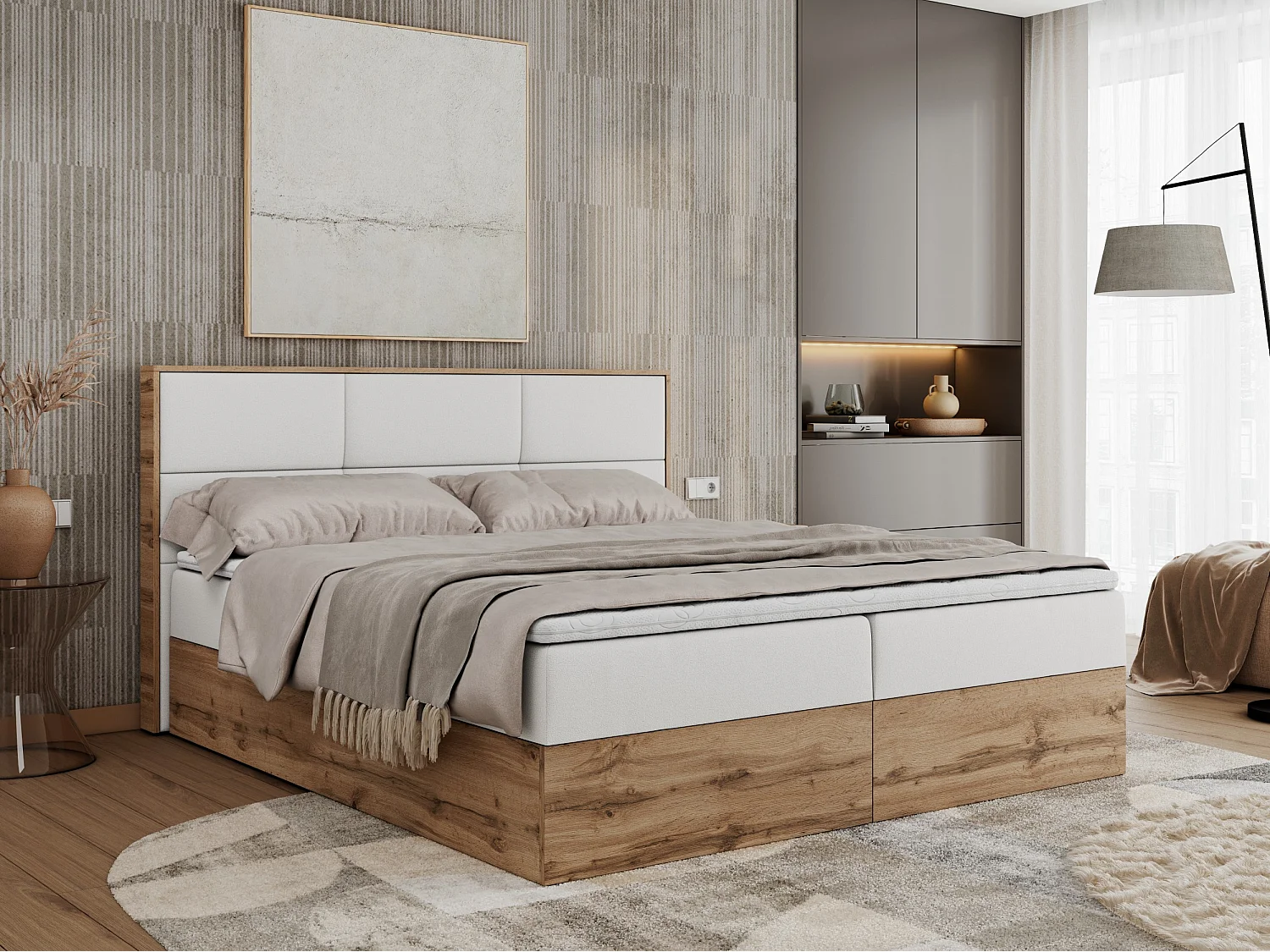 Boxspringbett ALBERO 2 mit Topper und Multipocket-Matratze, Stauraum, Holzrahmen - 140x200 cm - H4 - Weiß Kunstleder