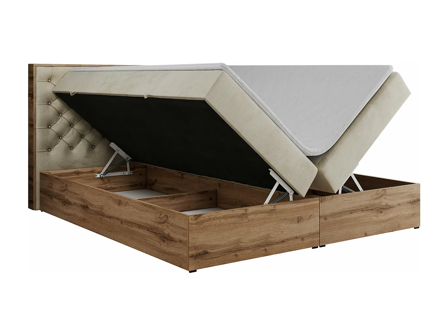 Boxspringbett ALBERO 3 - gesteppte Kopfstütze, Eiche Wotan Holzrahmen, Stauraum - 140x200 cm - H4 - Beige Velvet