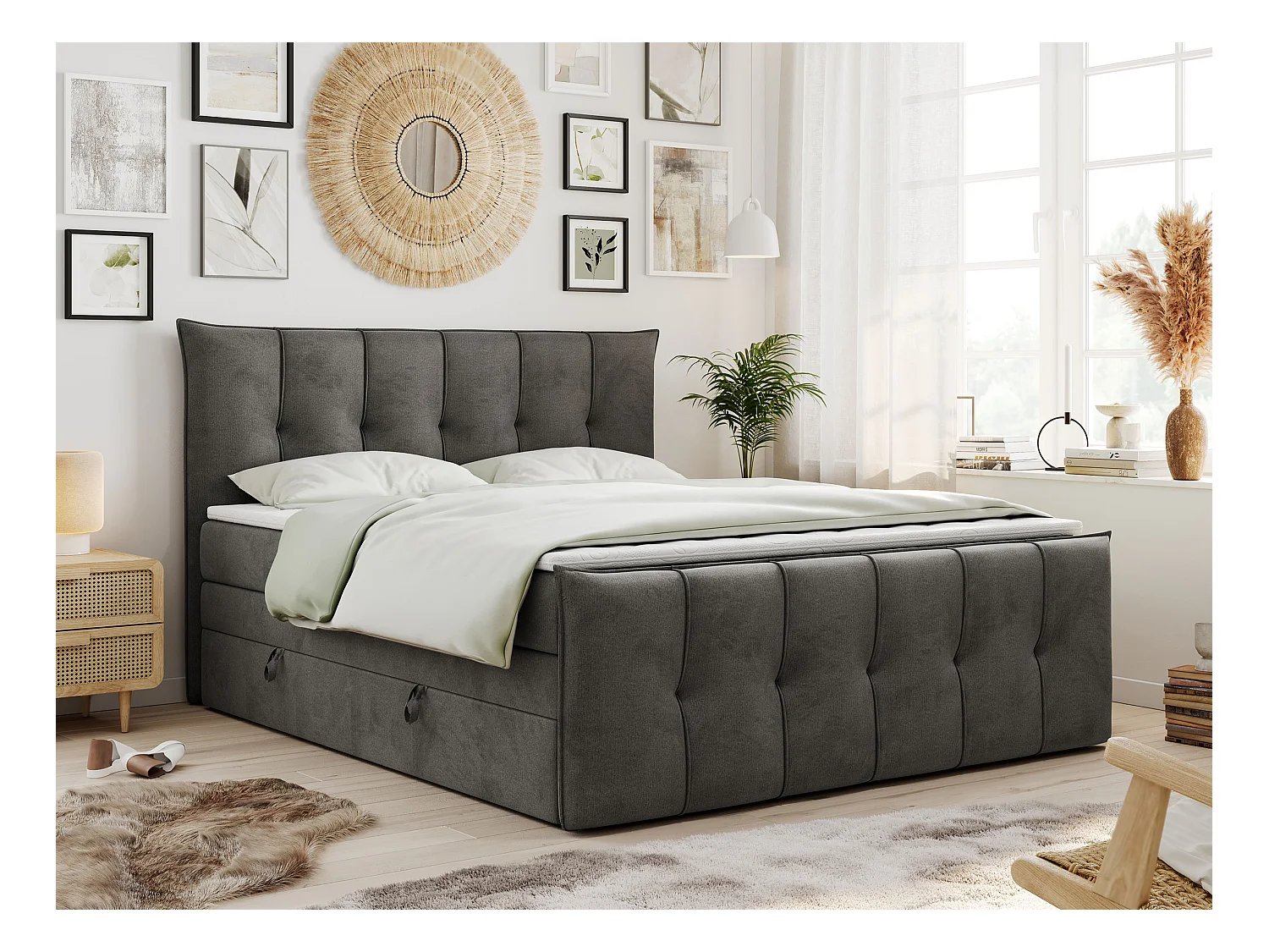 Boxspringbett PREMIUM 11 KING mit Stauraum, gestepptes Kopfteil, zwei Multipocket-Matratzen - 140x200 cm - H3 - Hellgrau Velvet