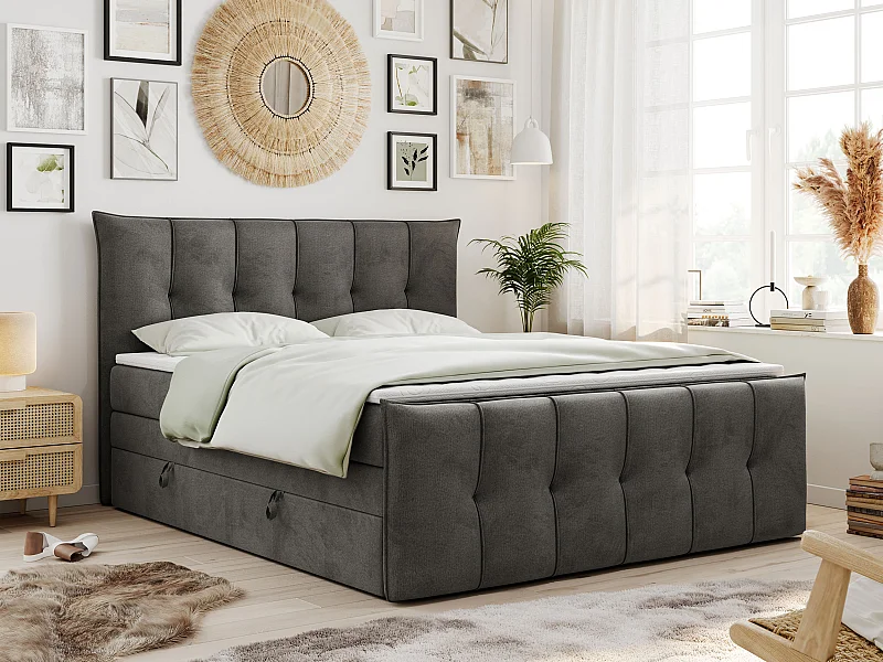 Boxspringbett PREMIUM 11 KING mit Stauraum, gestepptes Kopfteil, zwei Multipocket-Matratzen - 140x200 cm - H3 - Hellgrau Velvet