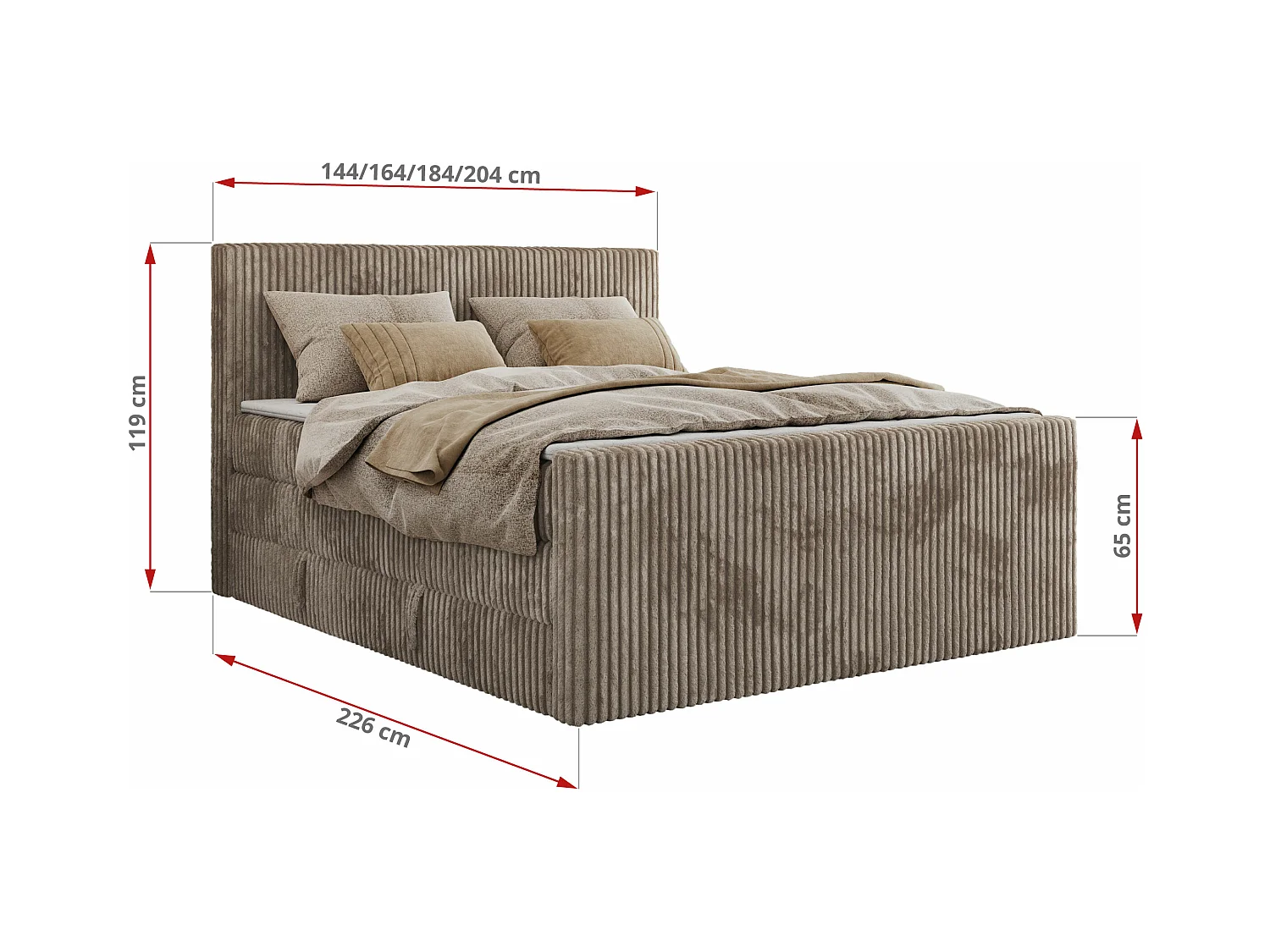 Boxspringbett TILIANO KING DUO, mit zwei Bettkästen, Cord Bett Multipocket-Matratze - 180x200 cm - H3 - Hellbraun Cord