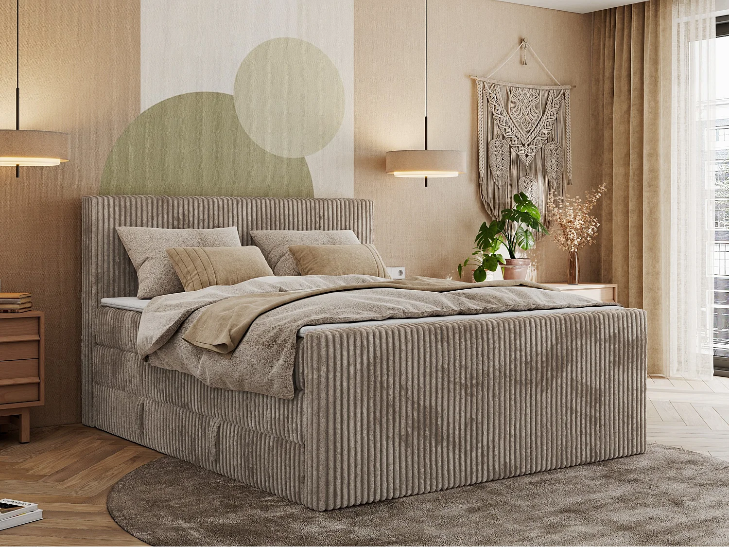 Boxspringbett TILIANO KING DUO, mit zwei Bettkästen, Cord Bett Multipocket-Matratze - 180x200 cm - H3 - Hellbraun Cord