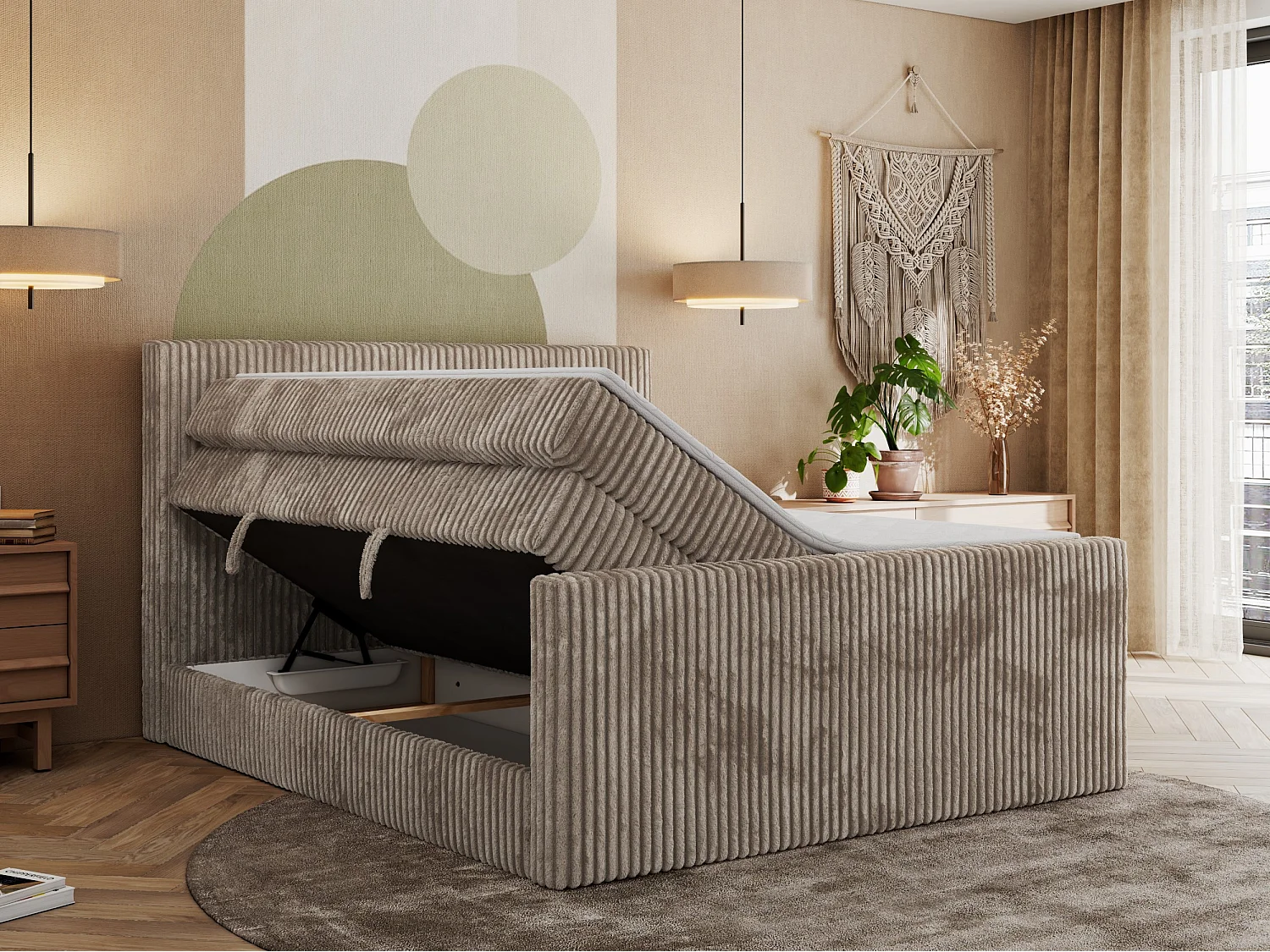 Boxspringbett TILIANO KING DUO, mit zwei Bettkästen, Cord Bett Multipocket-Matratze - 180x200 cm - H3 - Hellbraun Cord