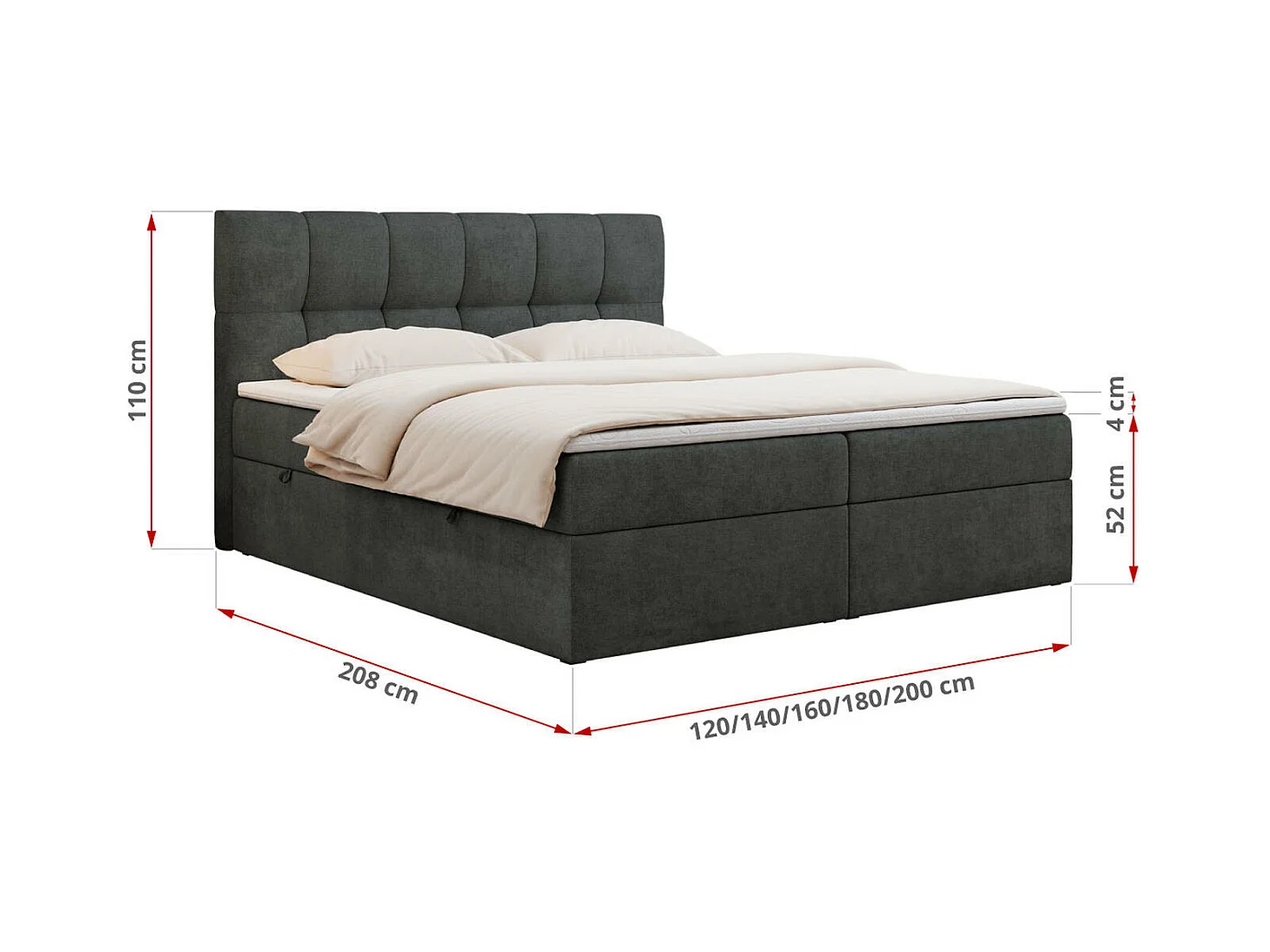 Boxspringbett RICO, Doppelbett mit Matratze, zwei Bettkästen, Bett mit Kopfteil - 140x200 cm - H4 - Dunkelgrau Stukture