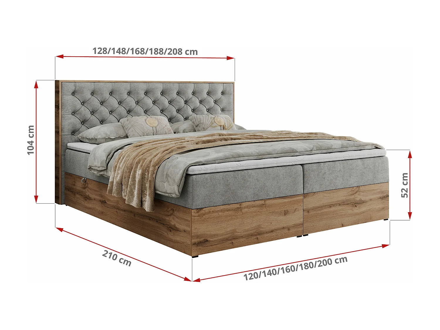 Boxspringbett ALBERO 3 - gesteppte Kopfstütze, Eiche Wotan Holzrahmen, Stauraum - 180x200 cm - H4 - Hellgrau Strukture