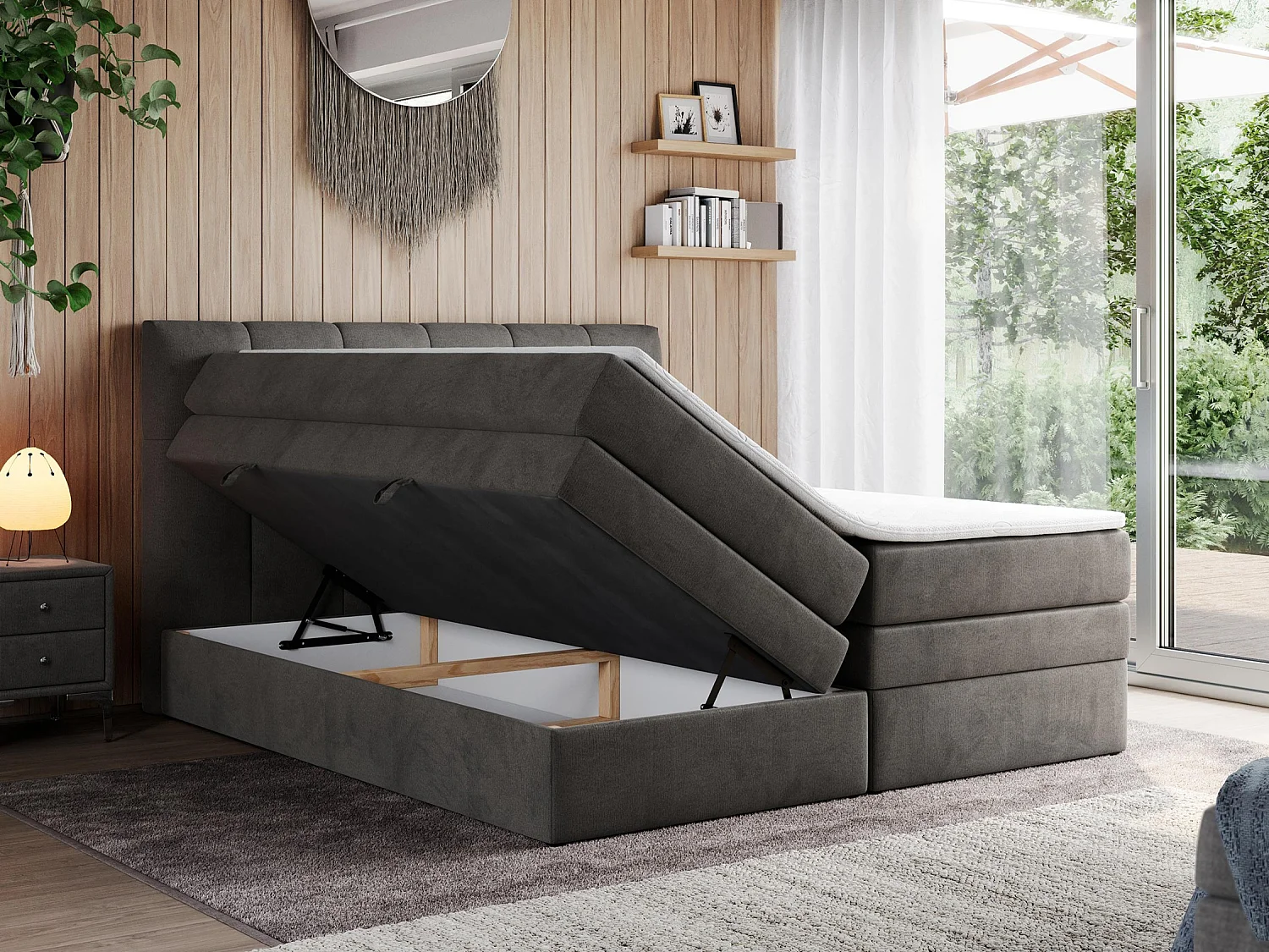 Boxspringbett ALVIN KING, mit zwei Multipocket-Matratzen, Bettkästen, genähtes Kopfteil - 140x200 cm - H3 - Dunkelgrau Velvet