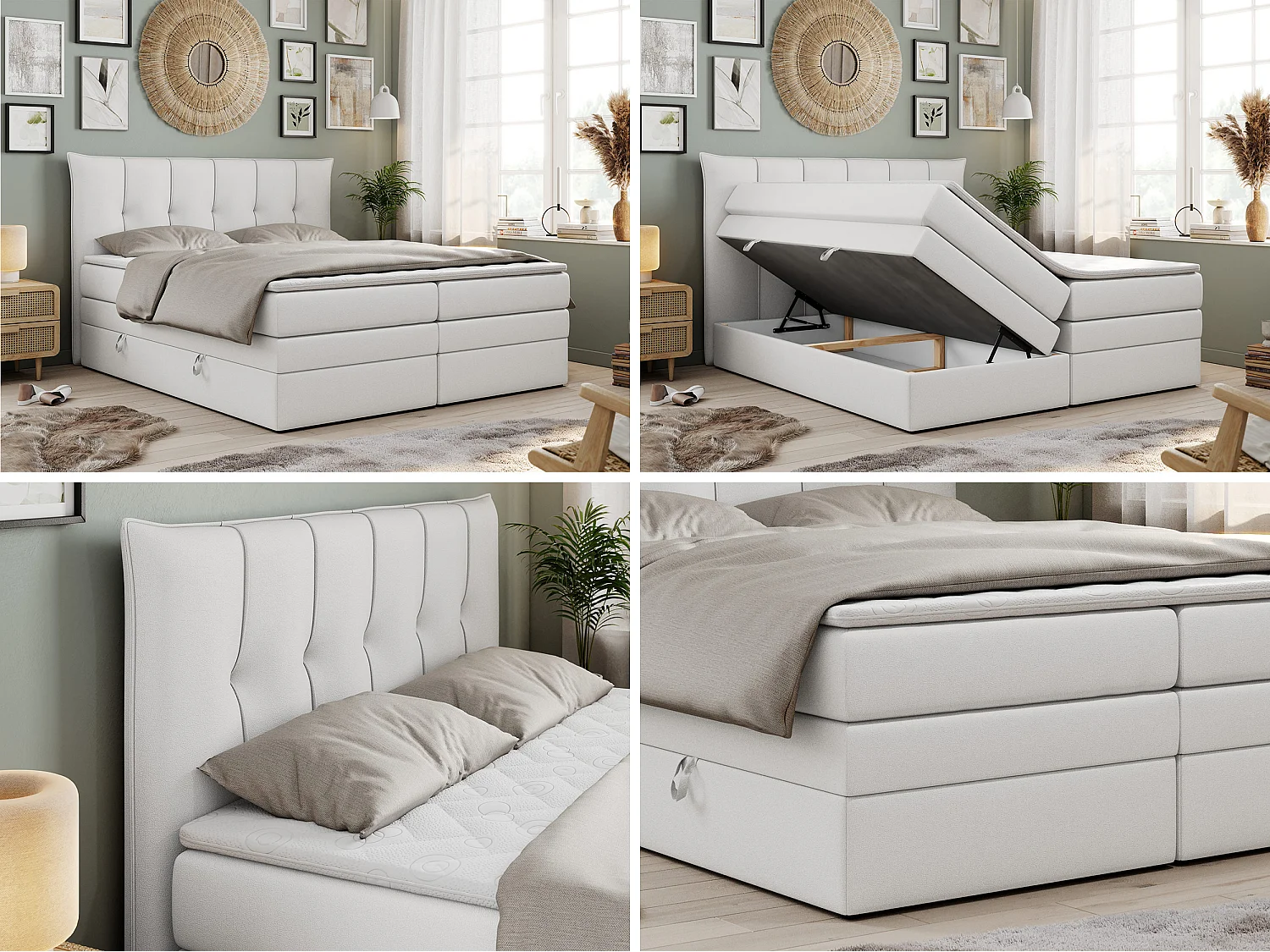 Boxspringbed met hoofdbord H3 + Topper T25 - Wit Kunstleer - 160x200 - PREMIUM 10 KING