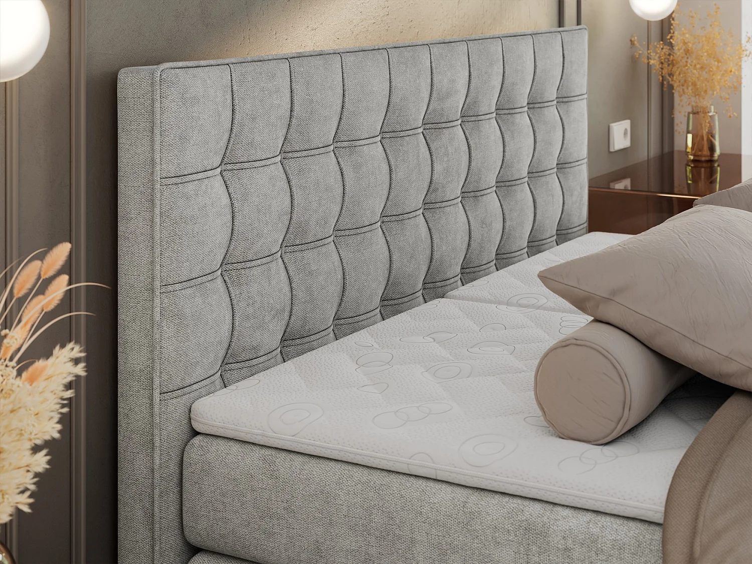 Boxspringbett ELEKTRO mit Multipocket-Matratze, Elektrisch verstellbare, genähtes Kopfteil - 180x200 cm - H4 - Hellgrau Strukture