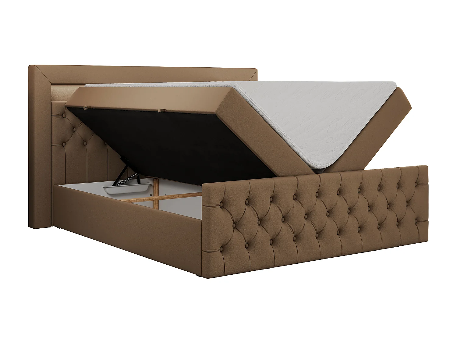 Boxspringbett GOLD 9 mit Stauraum, Multipocket-Matratze, gestepptes Bett, LED Beleuchtung - 140x200 cm - H4 - Braun Kunstleder