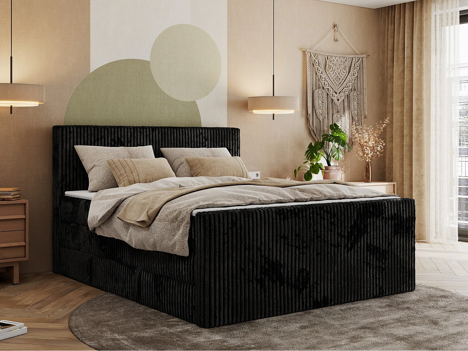 Boxspringbett TILIANO KING DUO, mit zwei Bettkästen, Cord Bett Multipocket-Matratze - 180x200 cm - H3 - Schwarz Cord