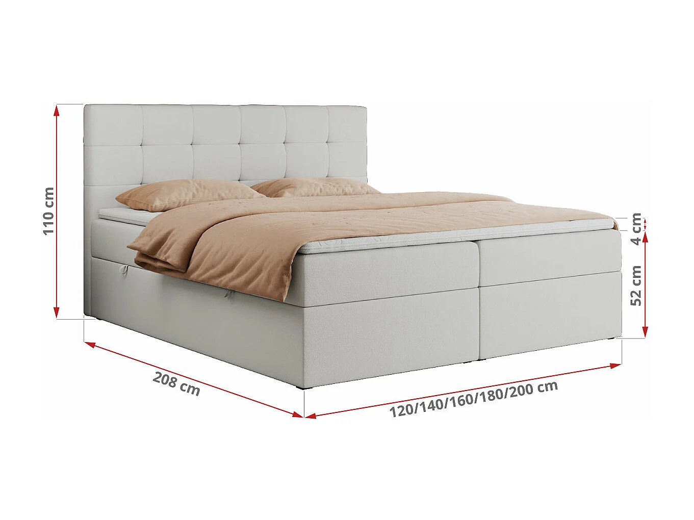 Boxspringbett CENTOS mit gestepptem Kopfteil, Multipocket-Matratze, Doppelbett mit Stauraum - 160x200 cm - H4 - Weiß Kunstleder