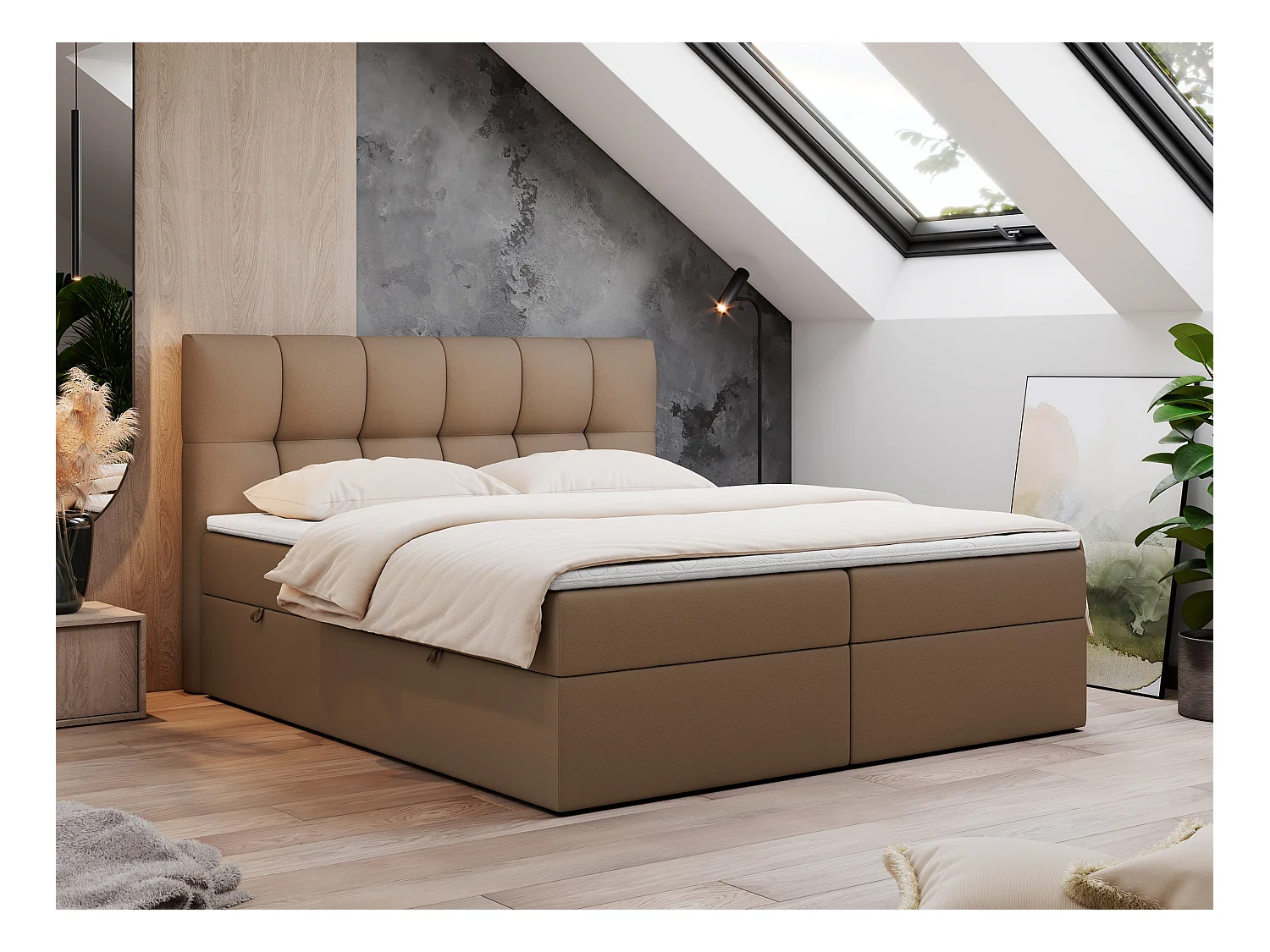 Boxspringbett RICO, Doppelbett mit Matratze, zwei Bettkästen, Bett mit Kopfteil - 180x200 cm - H4 - Braun Kunstleder