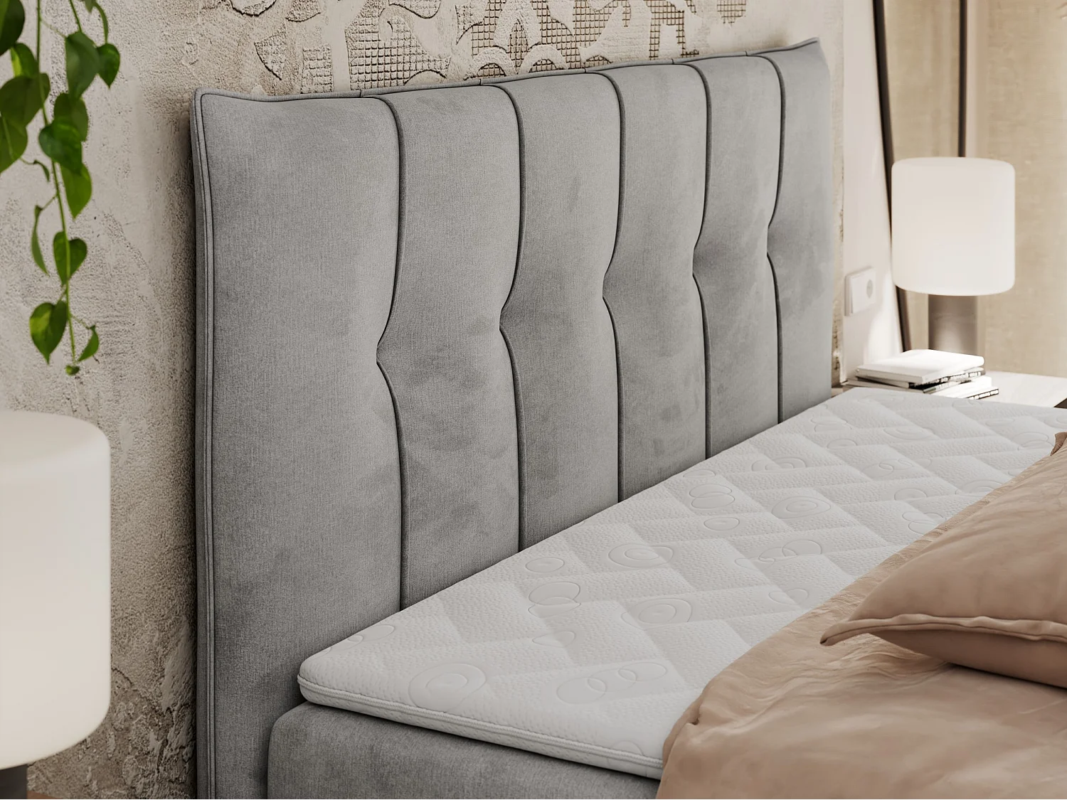 Boxspringbett PREMIUM 10 mit Multipocket-Matratze, gesteppte Kopfstütze, zwei Bettkästen - 200x200 cm - H4 - Hellgrau Velvet