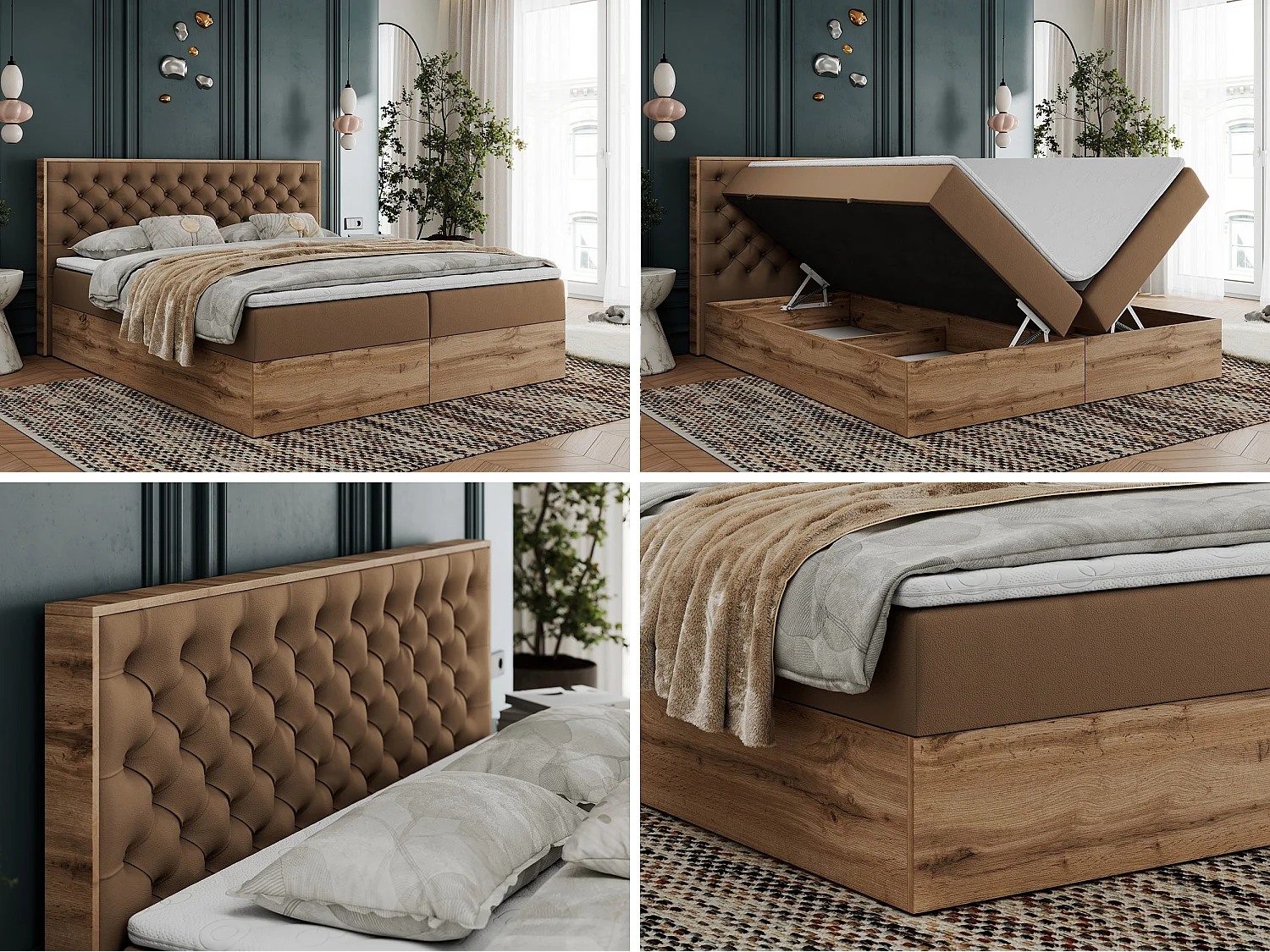 Boxspringbett ALBERO 3 - gesteppte Kopfstütze, Eiche Wotan Holzrahmen, Stauraum - 200x200 cm - H3 - Braun Kunstleder