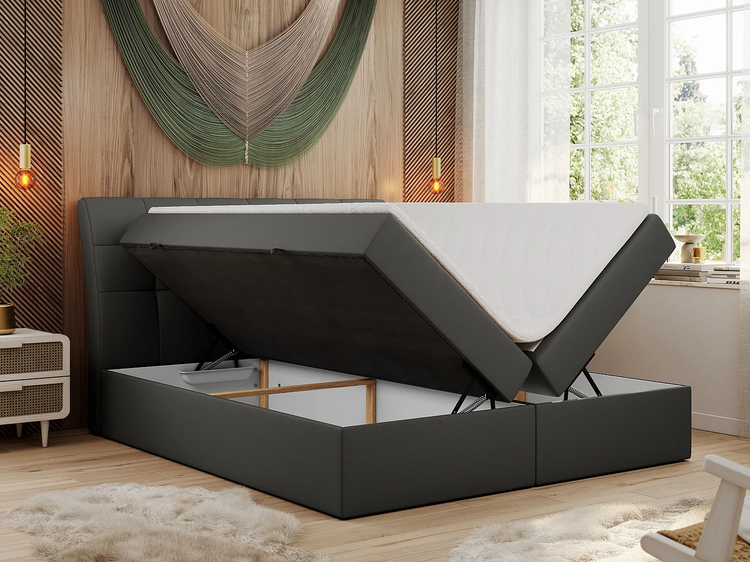 Boxspringbett DIEGOS mit Stauraum, gestepptem Kopfteil, Multipocket-Matratze - 180x200 cm - H3 - Dunkelgrau Kunstleder