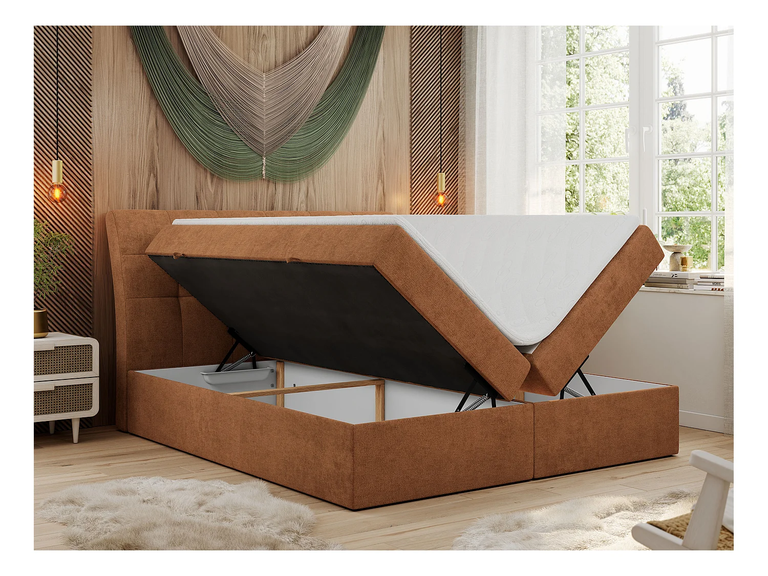 Boxspringbett DIEGOS mit Stauraum, gestepptem Kopfteil, Multipocket-Matratze - 160x200 cm - H3 - Orange Strukture