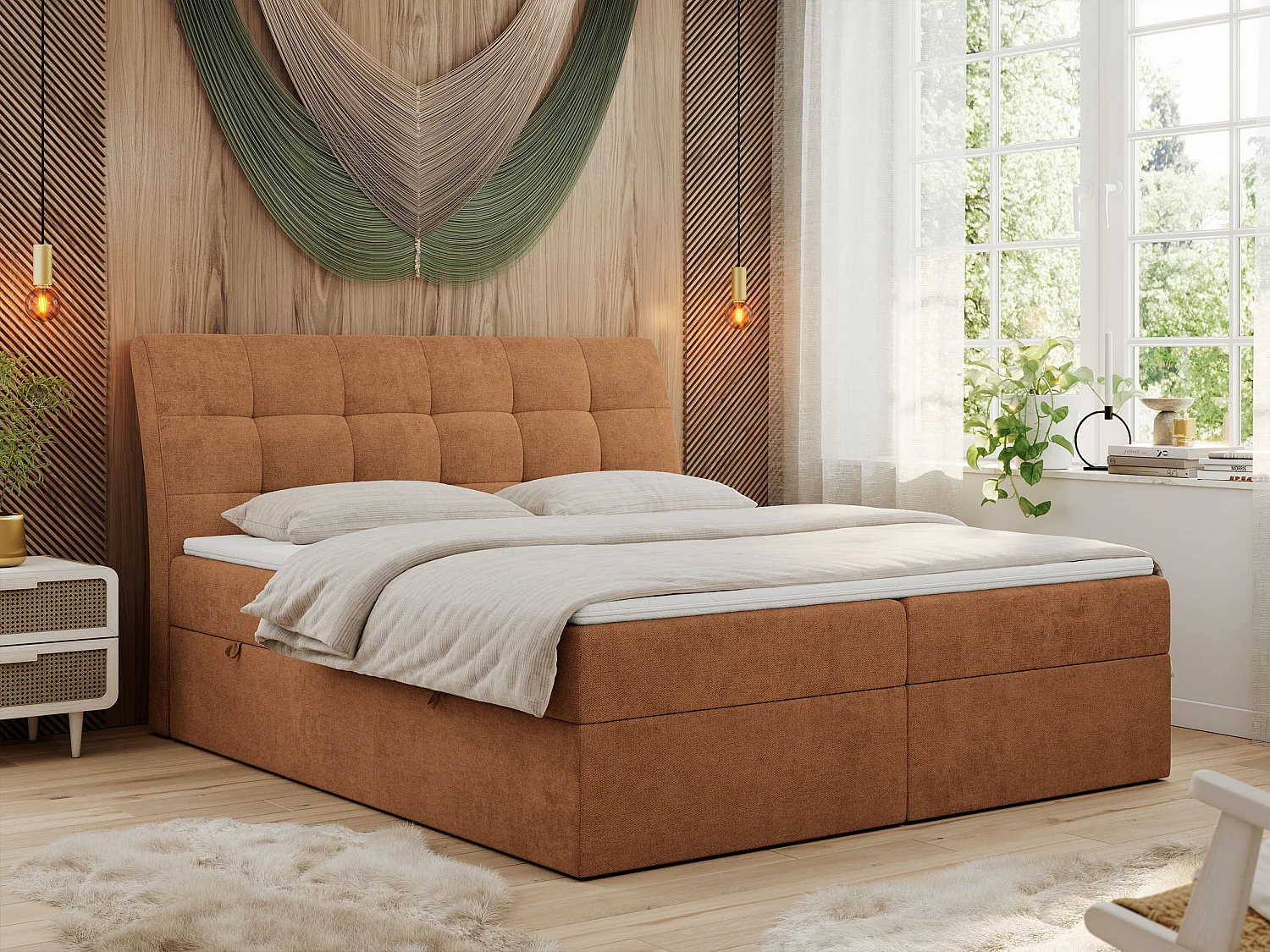Boxspringbett DIEGOS mit Stauraum, gestepptem Kopfteil, Multipocket-Matratze - 160x200 cm - H3 - Orange Strukture