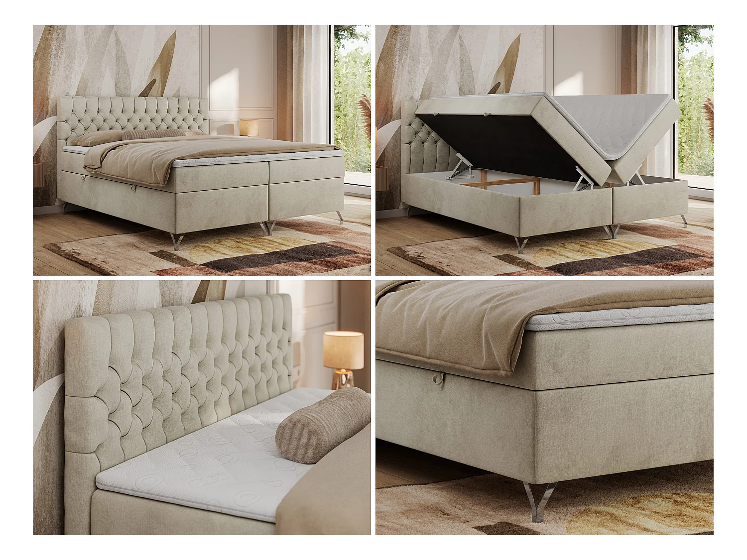 Boxspringbett GRIMALDI mit zwei Bettkästen, gesteppter Kopfstütze, Metallfüßen - 160x200 cm - H3 - Beige Velvet
