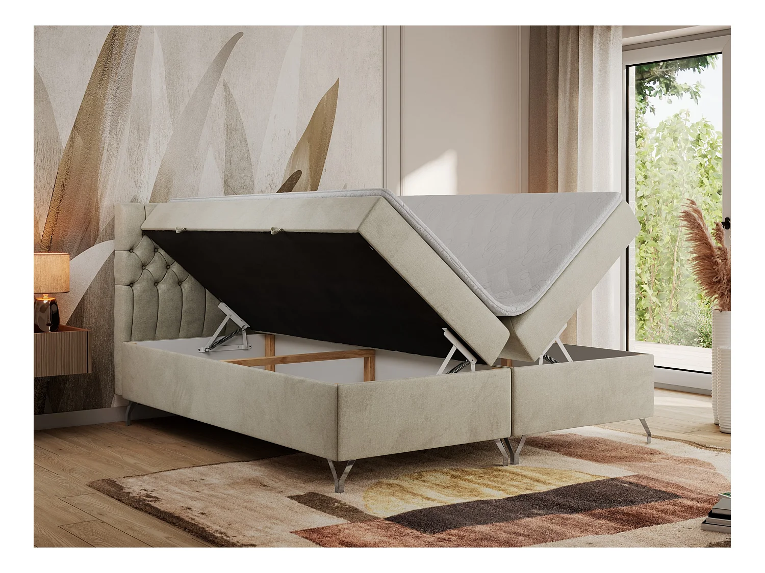 Boxspringbett GRIMALDI mit zwei Bettkästen, gesteppter Kopfstütze, Metallfüßen - 160x200 cm - H3 - Beige Velvet