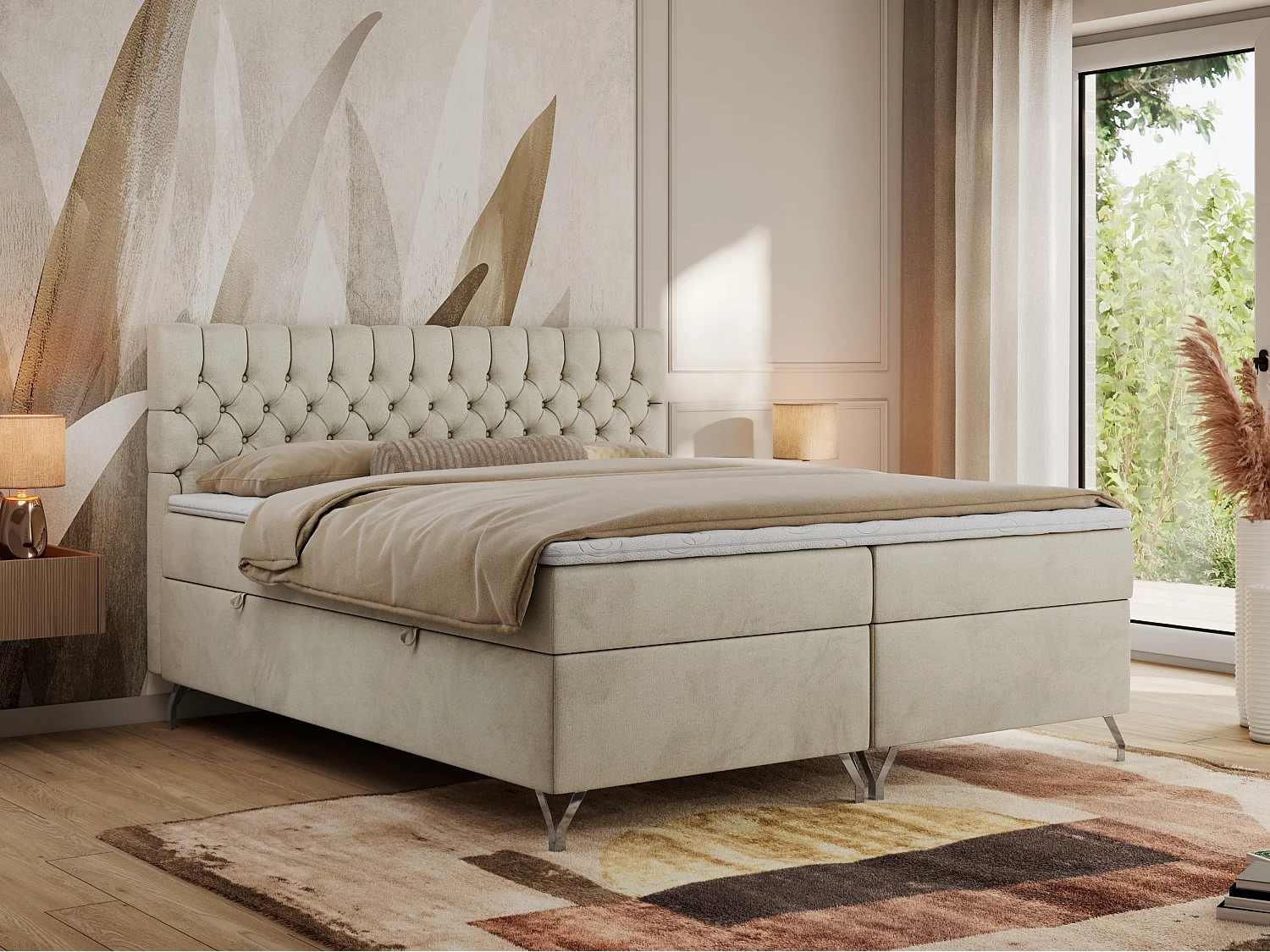Boxspringbett GRIMALDI mit zwei Bettkästen, gesteppter Kopfstütze, Metallfüßen - 160x200 cm - H3 - Beige Velvet
