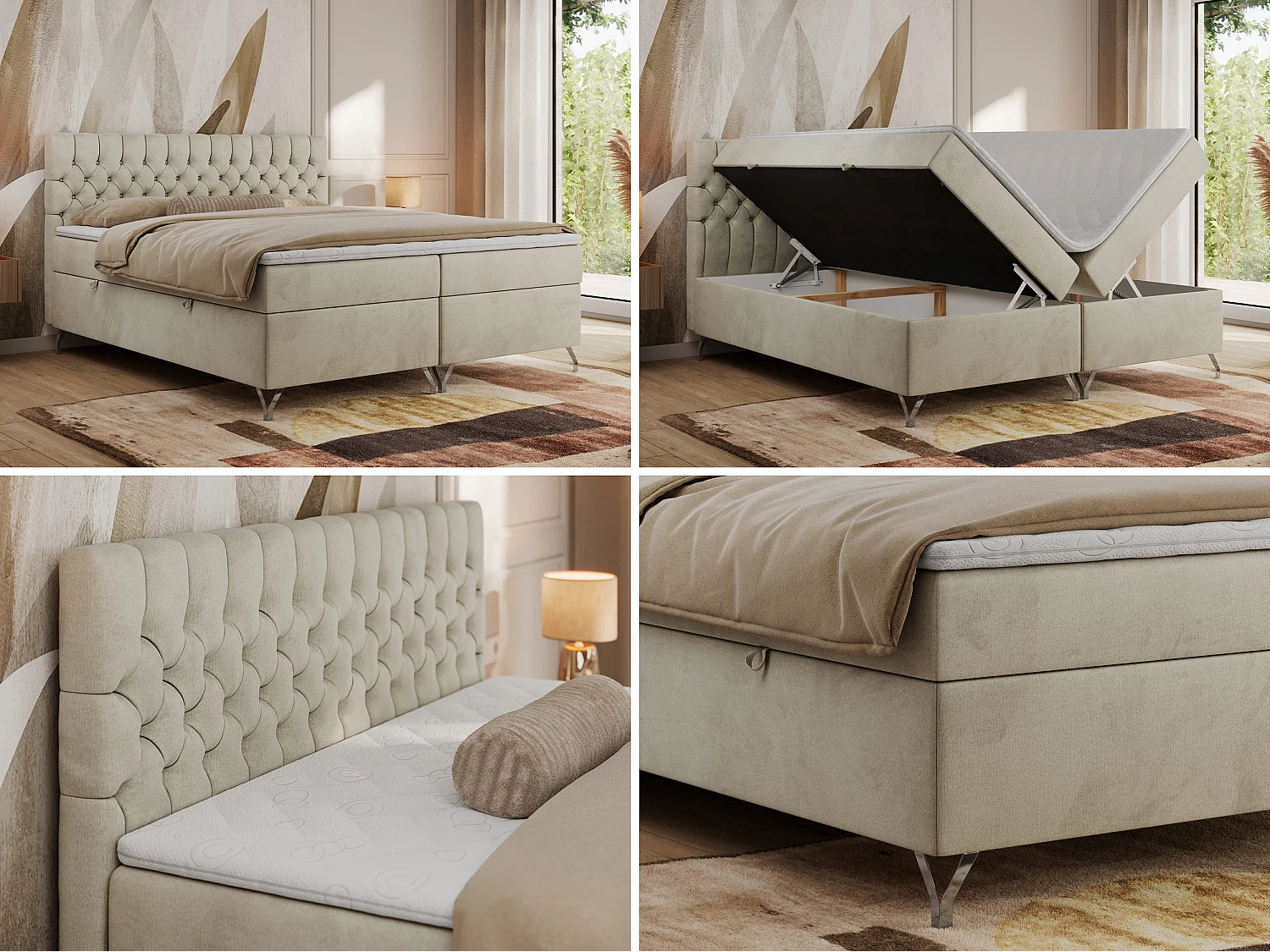 Boxspringbett GRIMALDI mit zwei Bettkästen, gesteppter Kopfstütze, Metallfüßen - 160x200 cm - H3 - Beige Velvet