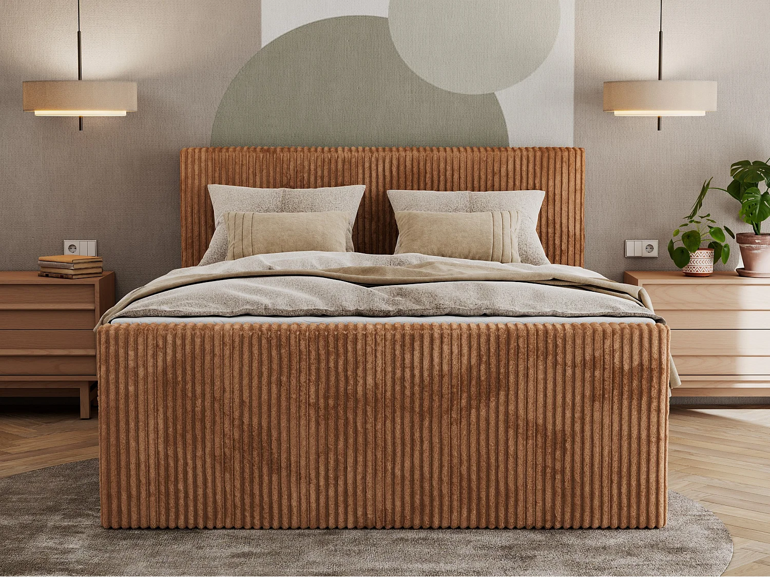 Boxspringbett TILIANO KING DUO, mit zwei Bettkästen, Cord Bett Multipocket-Matratze - 180x200 cm - H4 - Orange Cord