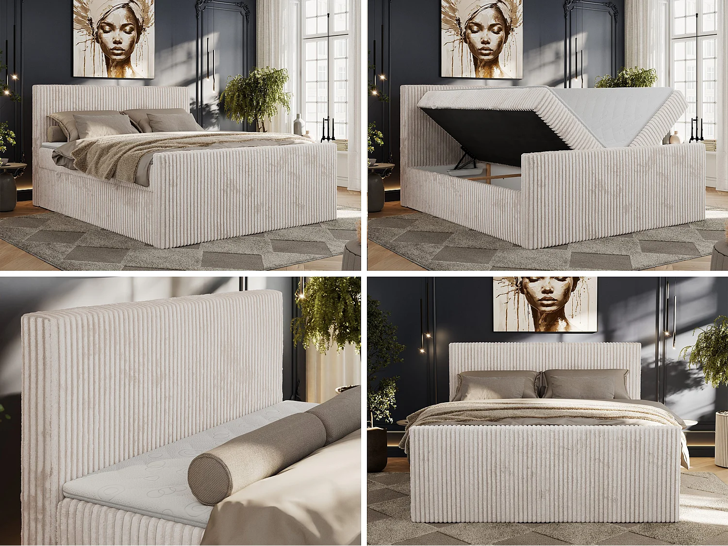 Boxspringbett TILIANO DUO mit gepolstertem Fußteil, Cord Bett, Multipocket-Matratze - 180x200 cm - H4 - Beige Cord