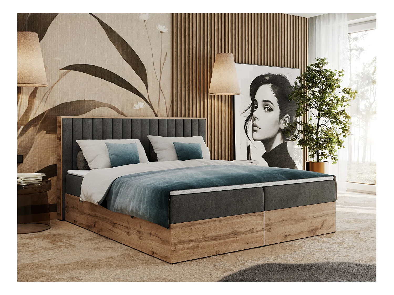 Boxspringbett ALBERO 4, Eiche Wotan Holzrahmen, mit Stauraum, genähtes Kopfteil - 140x200 cm - H4 - Dunkelgrau Velvet