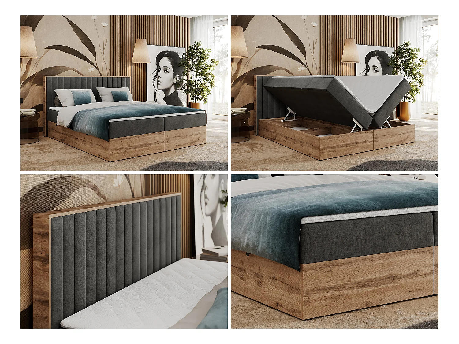 Boxspringbett ALBERO 4, Eiche Wotan Holzrahmen, mit Stauraum, genähtes Kopfteil - 140x200 cm - H4 - Dunkelgrau Velvet