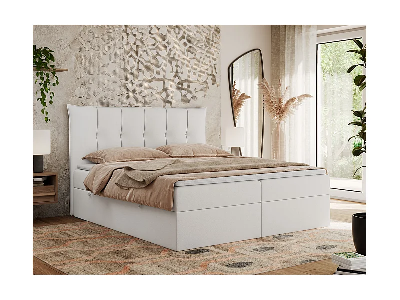 Boxspringbett PREMIUM 10 mit Multipocket-Matratze, gesteppte Kopfstütze, zwei Bettkästen - 140x200 cm - H4 - Weiß Kunstleder