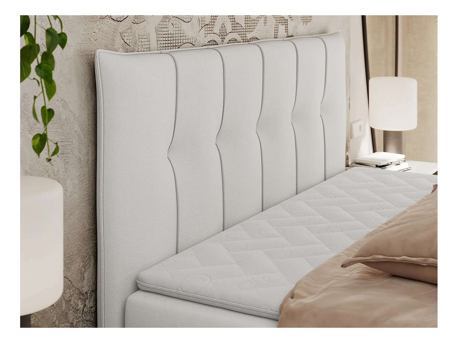 Boxspringbett PREMIUM 10 mit Multipocket-Matratze, gesteppte Kopfstütze, zwei Bettkästen - 140x200 cm - H4 - Weiß Kunstleder