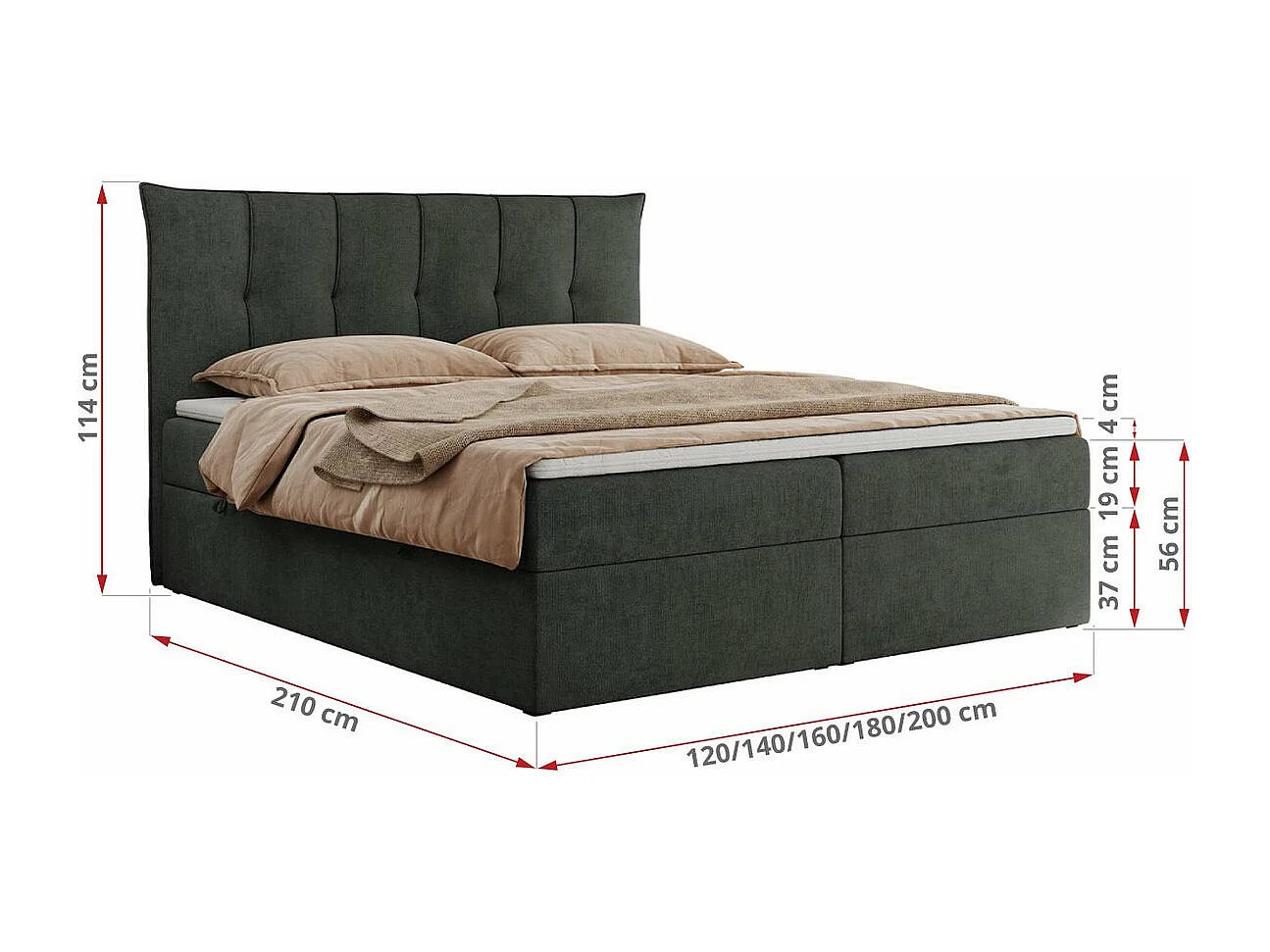 Boxspringbett PREMIUM 10 mit Multipocket-Matratze, gesteppte Kopfstütze, zwei Bettkästen - 200x200 cm - H4 - Dunkelgrau Strukture